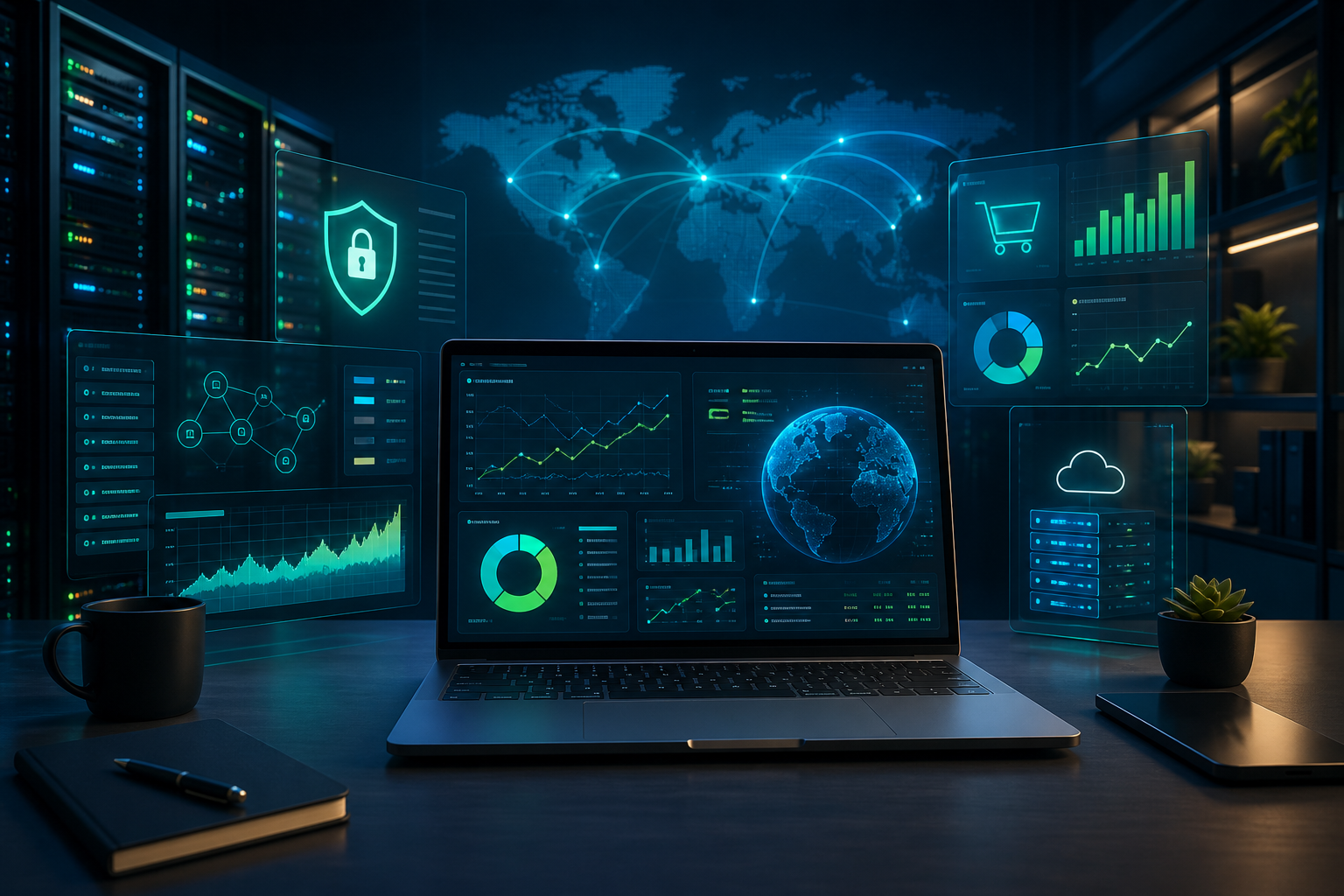 Moderní IT dashboard se servery, bezpečností a online analytikou